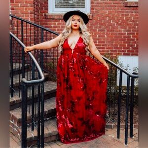 Red Sequin Floral Gown Deep V Neck Gown NWT